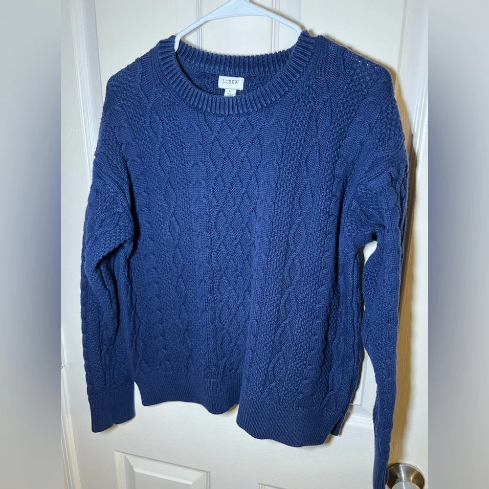 J.Crew Blue Cable Knit Crewneck Sweater Size L 100% Cotton